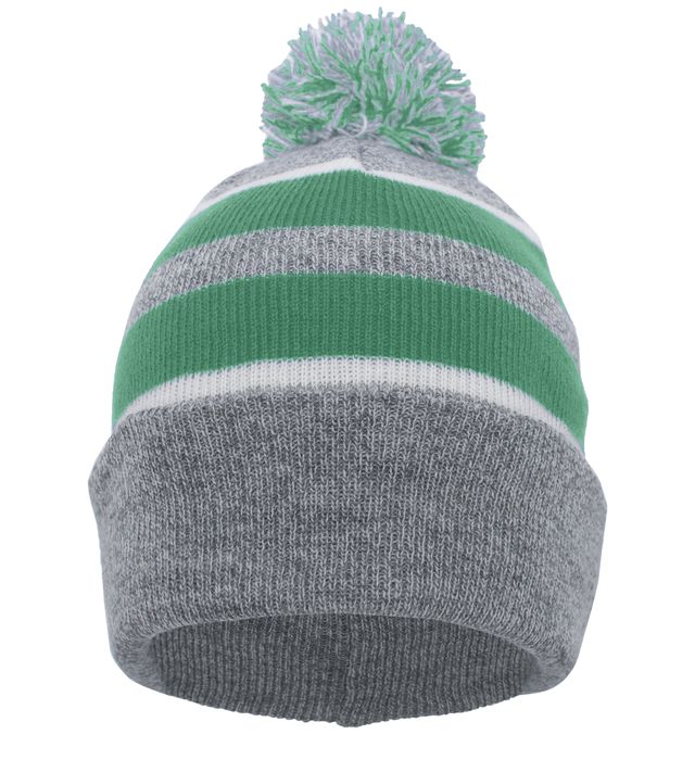 641K - Knit Fold Over Pom-Pom Beanie - Heather/Teal/White