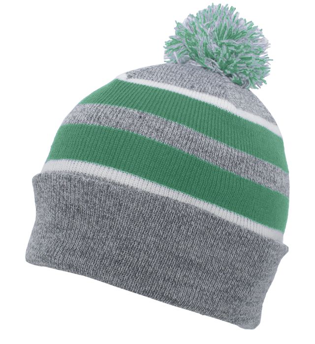 641K - Knit Fold Over Pom-Pom Beanie - Heather/Teal/White
