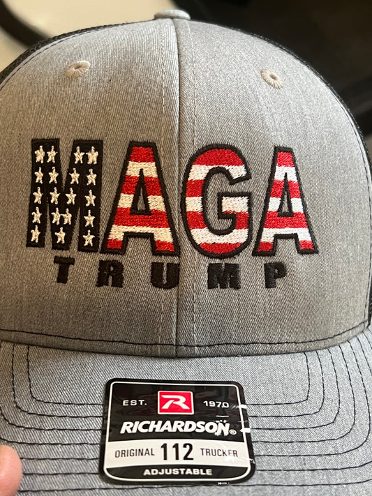 Donald Trump MAGA USA Flag Hat - R112 snapbacks Heather Gray/Black