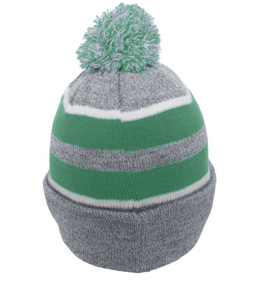 641K - Knit Fold Over Pom-Pom Beanie - Heather/Teal/White